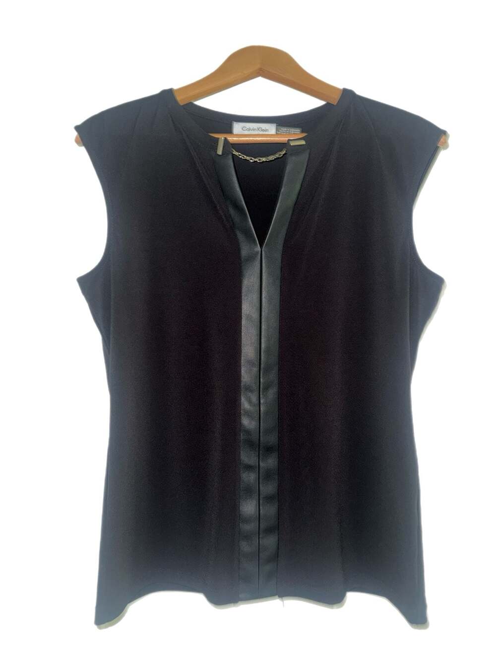 Calvin Klein Sleeveless Black Blouse with Faux Leather Trim and Gold Chain Neck